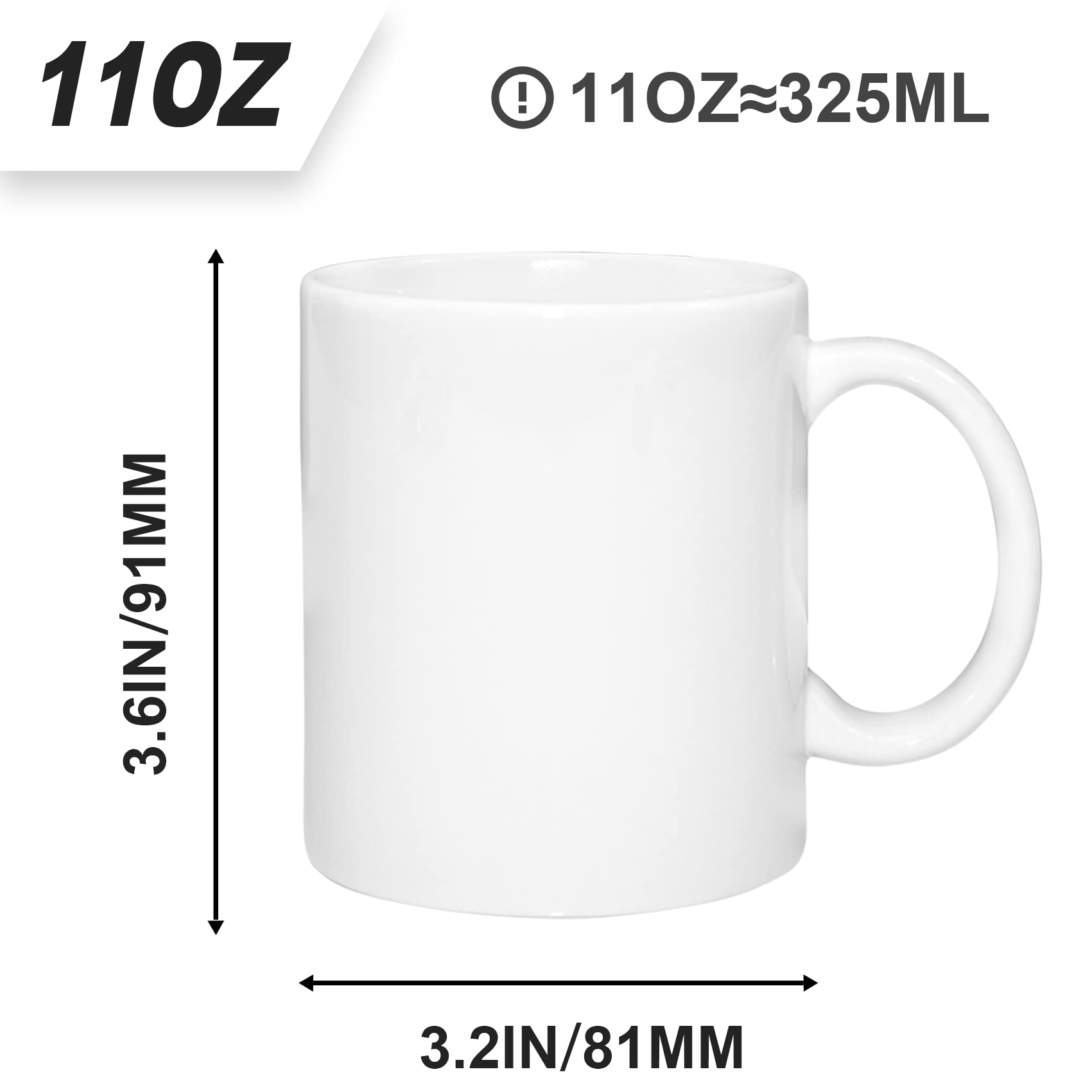 MR.R glossy white ceramic mug showing 11oz capacity