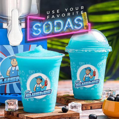 Mr Slushee slushie machine kitchen scene with drinks and slushy cups.