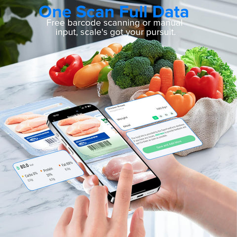 MrOwner Smart Food Scale supports barcode data via HealthyBites app.