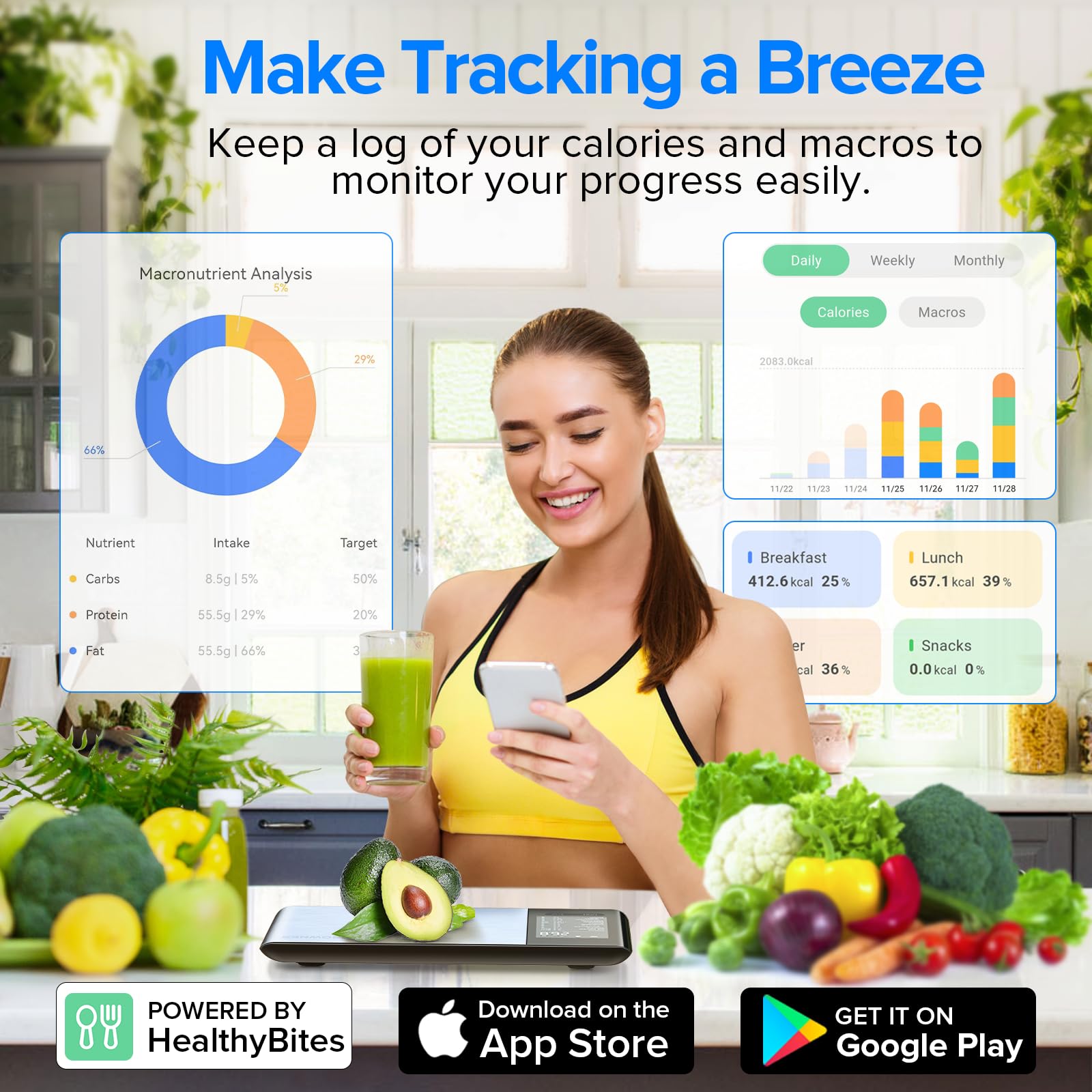 MrOwner Smart Food Scale measures 3g to 5000g with multiple units.