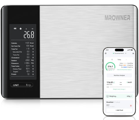 MrOwner Smart Food Scale in a sleek stainless steel design for precise kitchen measurements.