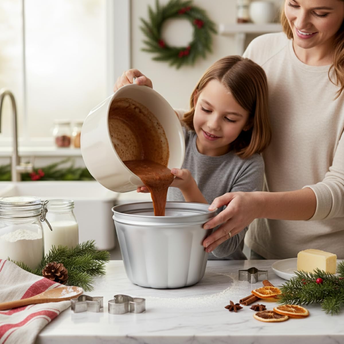Durable anodized aluminum in Mrs. Anderson's Baking pudding mold ensures lasting performance.