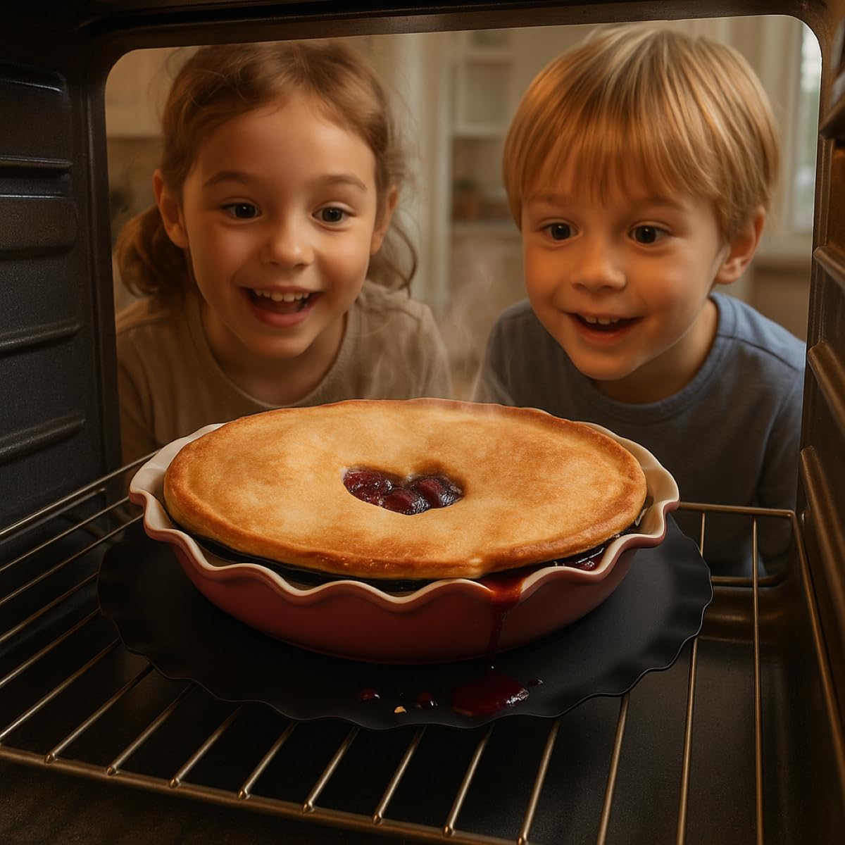 Mrs. Anderson's Pie Drip Catcher in action catching overflow during baking.