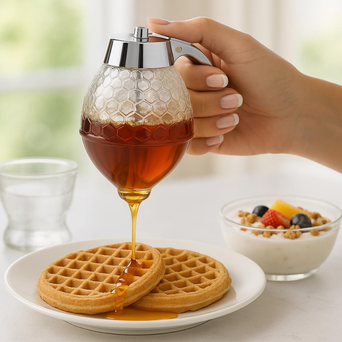 Mrs. Anderson's storage stand keeps syrup bottles organized and within reach.