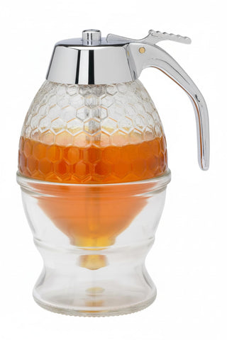 Mrs. Anderson's Syrup Honey Dispenser with glass body and storage stand for mess-free pouring.