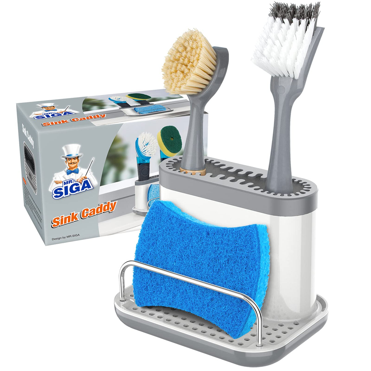 MR.SIGA sink caddy front compartment keeps sponges organized and within reach