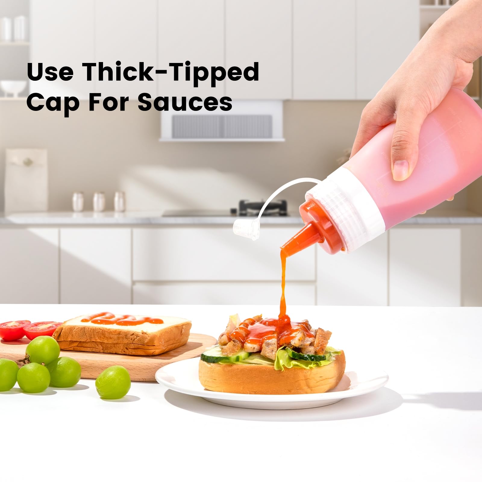 Mrsdry bottle with interchangeable lids for versatile sauce applications.