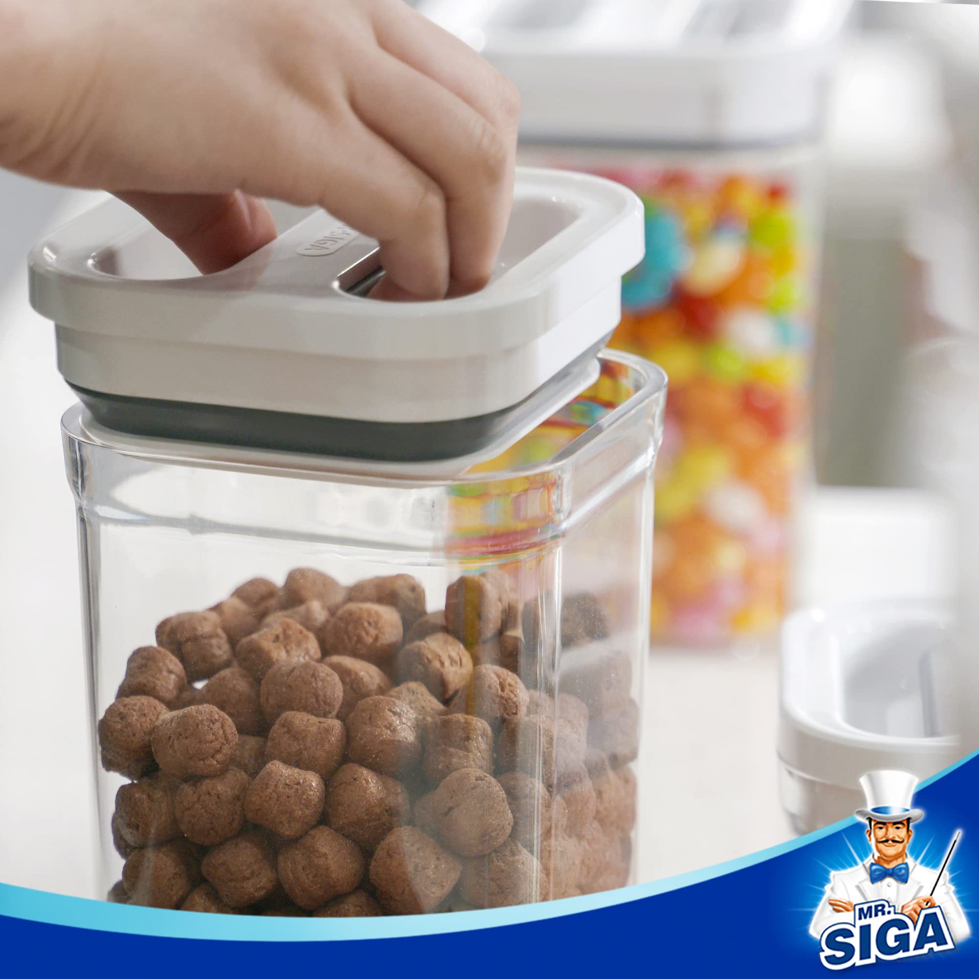Rectangular, stackable design from MR.SIGA saves cabinet space.