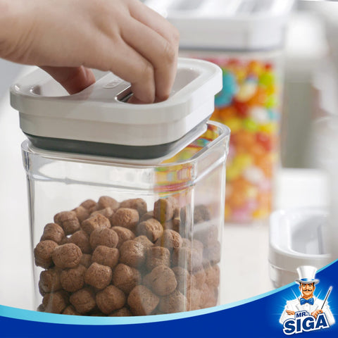Rectangular, stackable design from MR.SIGA saves cabinet space.
