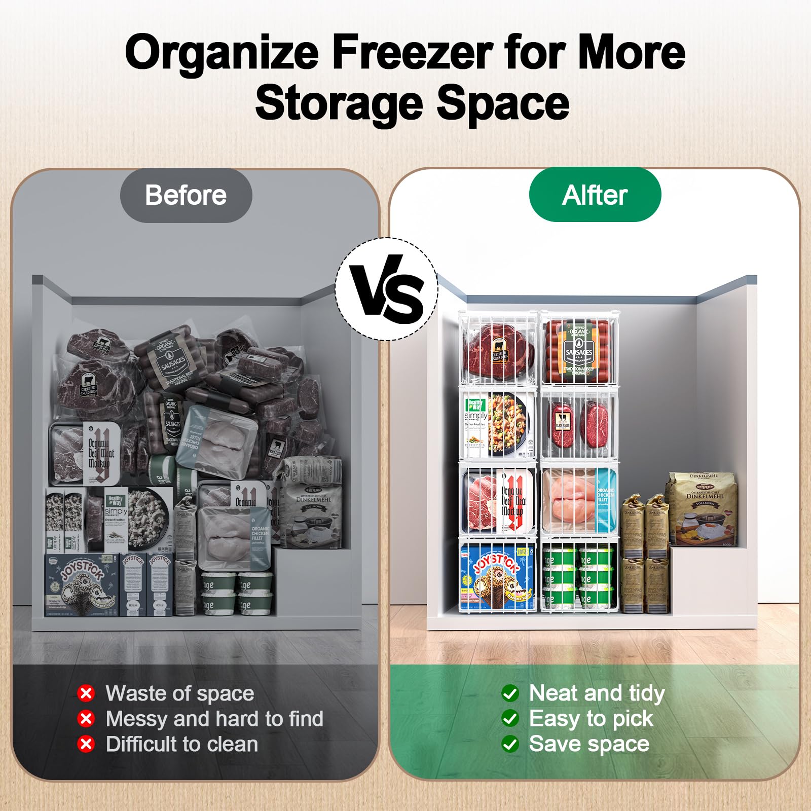 MSERCUOR freezer baskets organize meat, fish, and vegetables