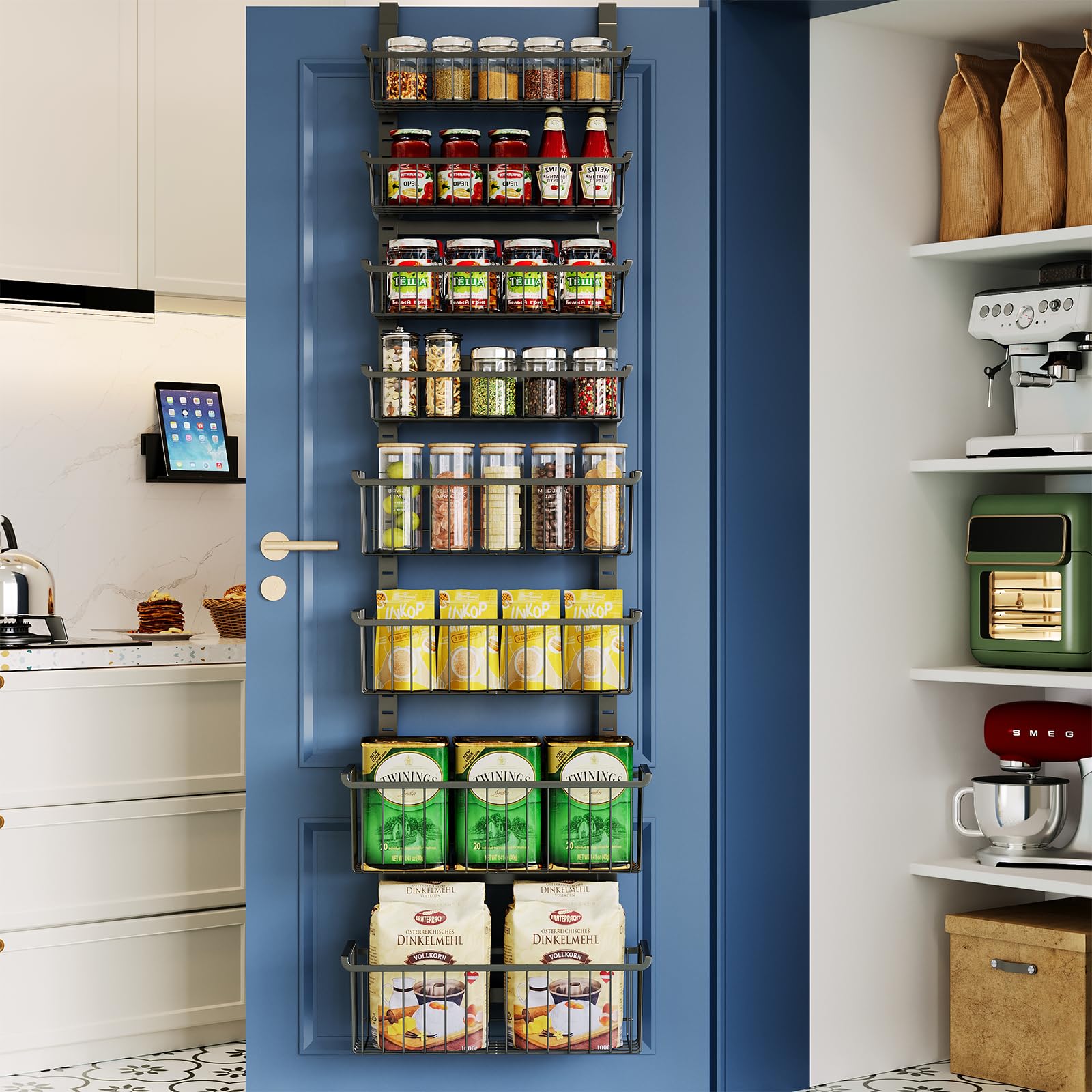 MSERCUOR over-door pantry organizer with 8 tiers for easy pantry storage.
