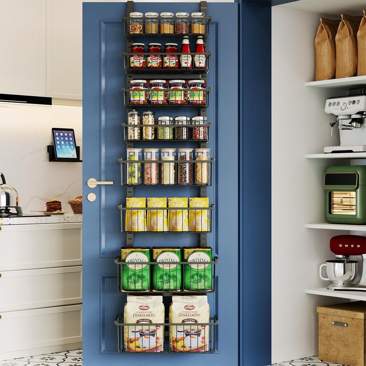 MSERCUOR over-door pantry organizer with 8 tiers for easy pantry storage.