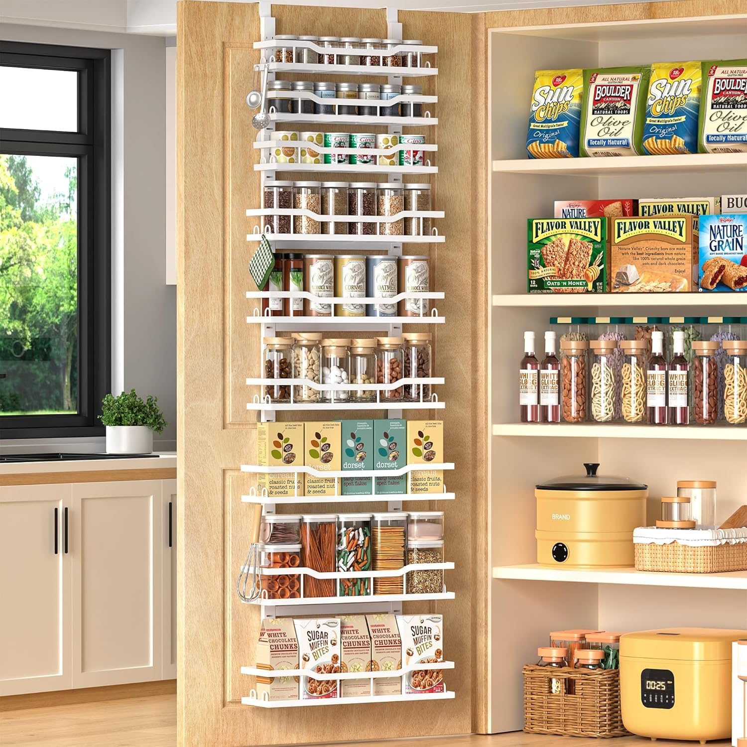 MSERCUOR over-the-door pantry organizer 9-tier on white door saves kitchen space.