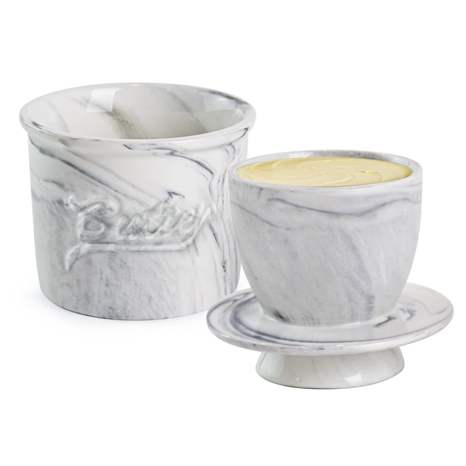 MSJGA butter crock with water lid keeps butter fresh at room temperature.