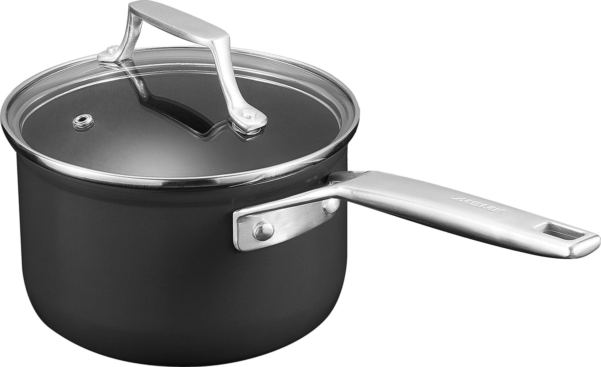 MsMk 1.5-quart saucepan with lid shows nonstick surface for versatile everyday cooking.