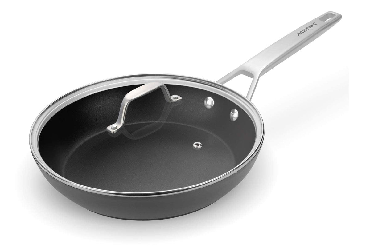 MsMk 10 Inch Frying Pan with Lid shows a stay-cool handle for safe lifting