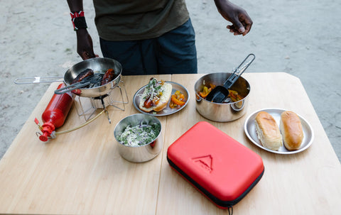 Two-bowl nesting setup forming a compact camp dining kit