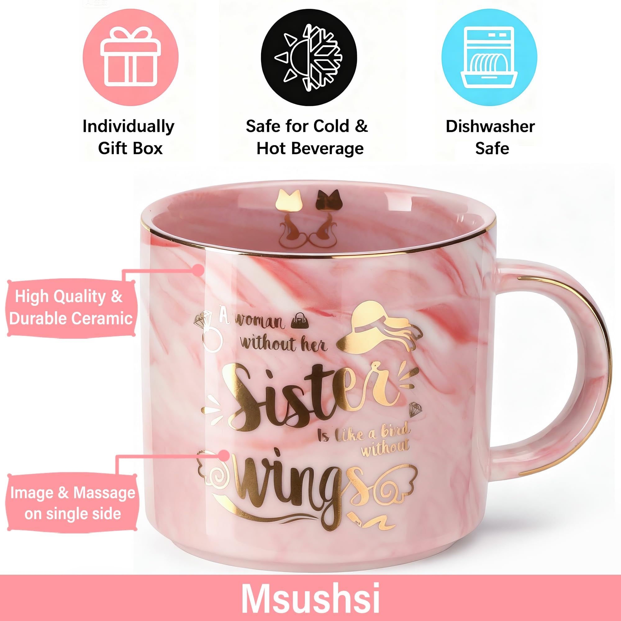 Close-up of Msushsi pink mug with gold trim highlighting elegance.