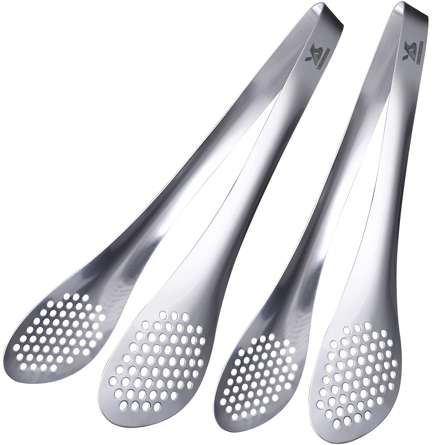 MSY BIGSUNNY 11-Inch stainless steel tongs in use for flipping vegetables safely.