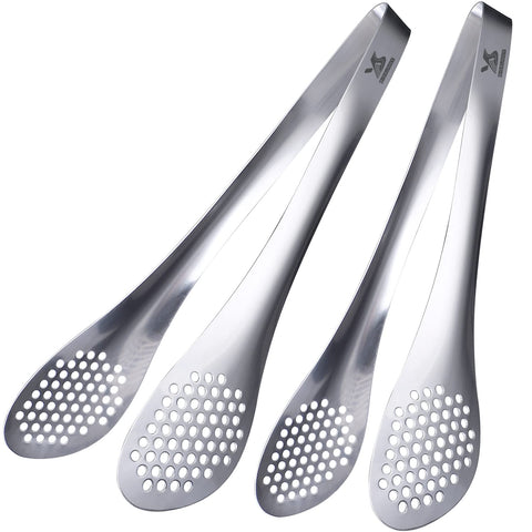 MSY BIGSUNNY 11-Inch stainless steel tongs in use for flipping vegetables safely.