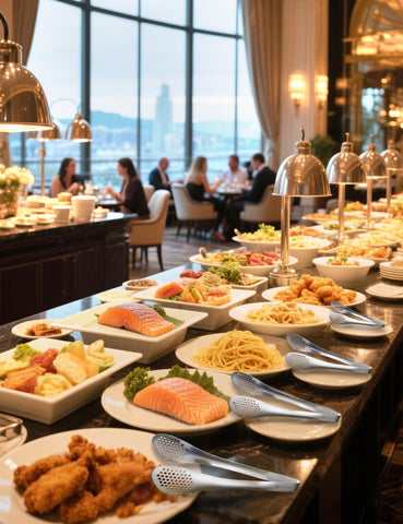 MSY BIGSUNNY ergonomic grip tongs offer comfortable handling during buffet service.