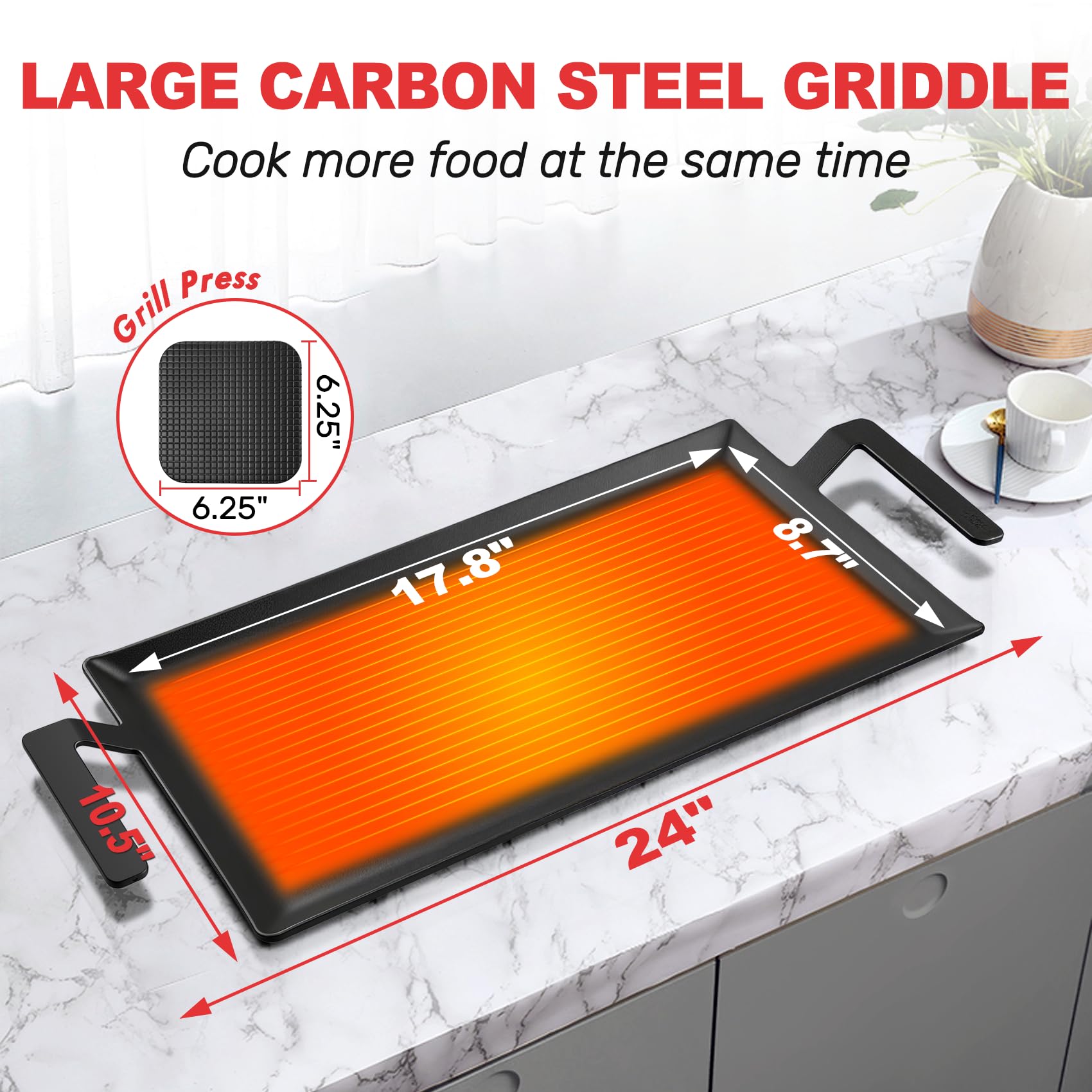 MTAEI carbon steel griddle on gas stove enables quick even heating indoors
