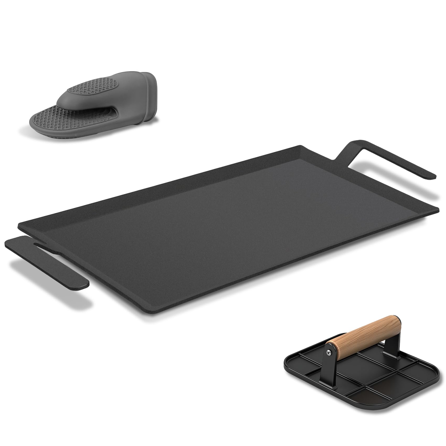 MTAEI carbon steel griddle with grill press on stove for even searing