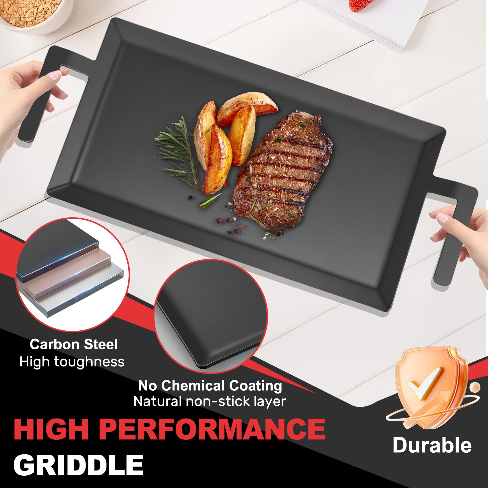 MTAEI griddle set includes grill press and insulated gloves for safe handling
