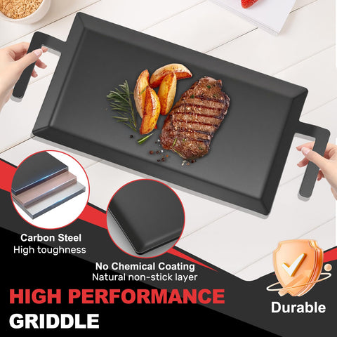 MTAEI griddle set includes grill press and insulated gloves for safe handling