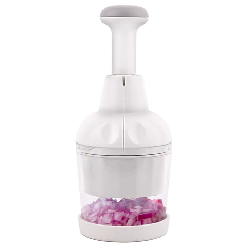 Mttobo vegetable chopper full view in white shows compact, space-saving design.
