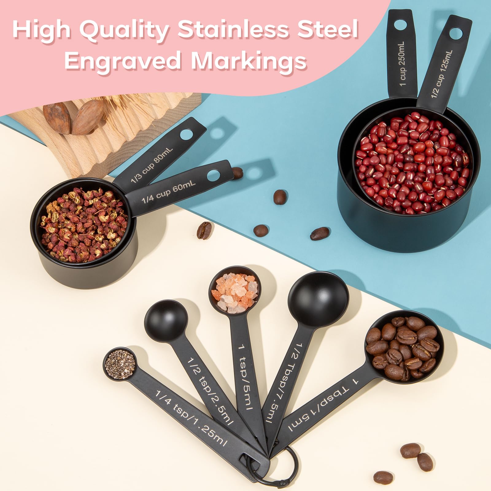 Muchtolove measuring set with engraved measurements on handles for quick reading