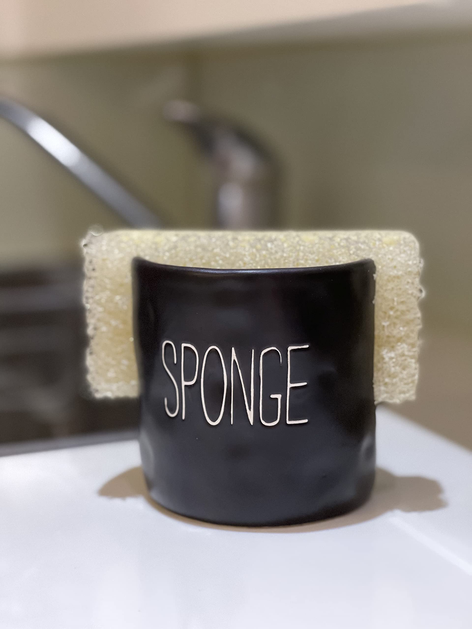 Mud Pie black ceramic sponge holder for sponges complements modern countertops.