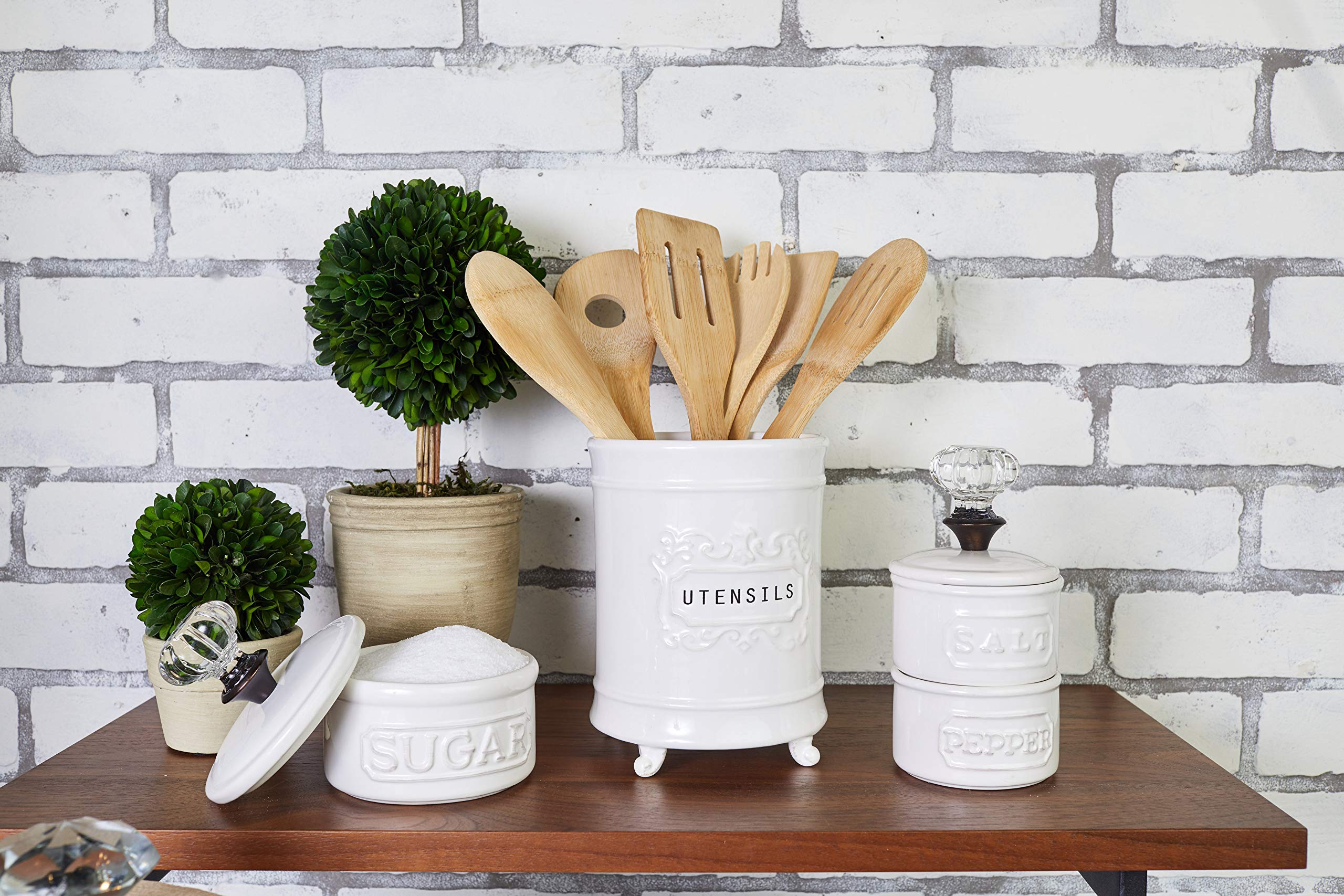 Mud Pie ceramic sugar bowl with lid and vintage glass knob adds charm to shelves