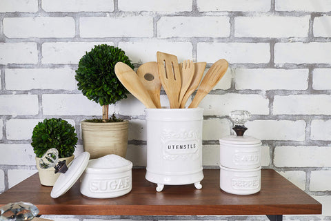 Mud Pie ceramic sugar bowl with lid and vintage glass knob adds charm to shelves