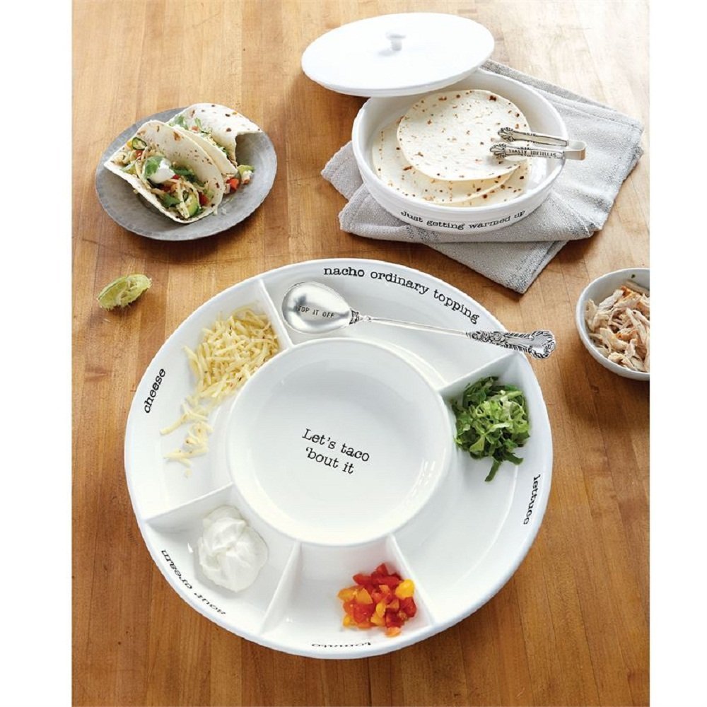 Mud Pie ceramic tortilla dish is oven safe up to 350°F for reheating.