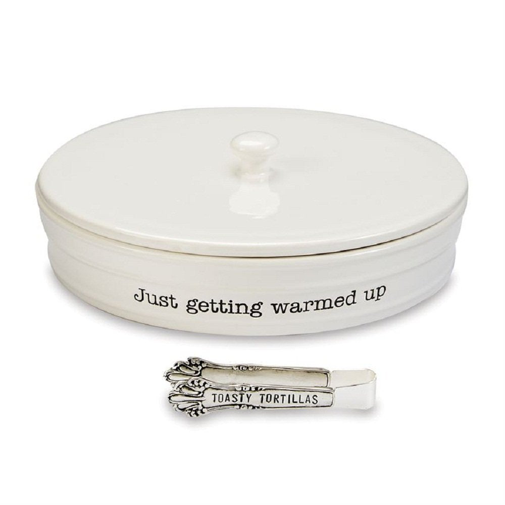 Mud Pie ceramic tortilla warming dish with removable lid keeps tortillas warm at table.