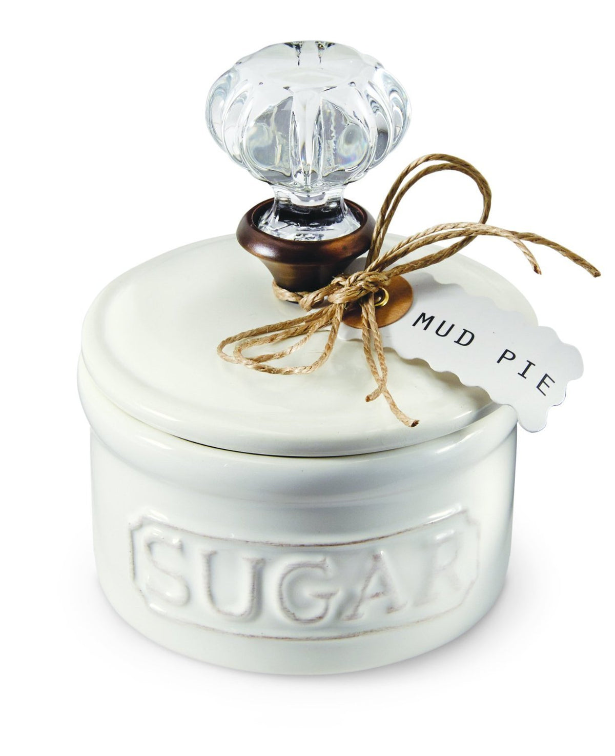Mud Pie door knob sugar bowl in white with removable lid for elegant kitchen organization
