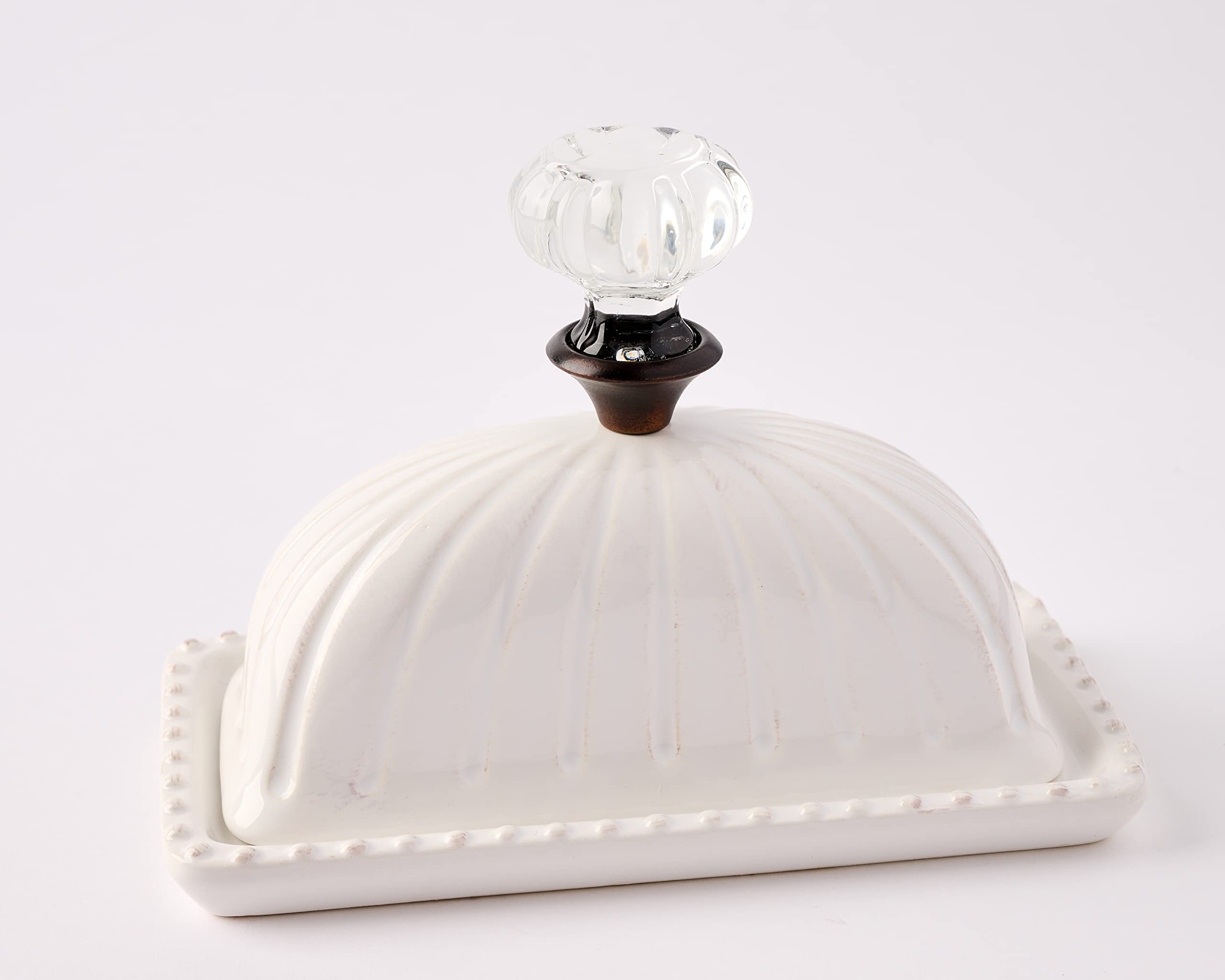 Mud Pie fluted lid butter dish provides vintage-inspired texture for serving