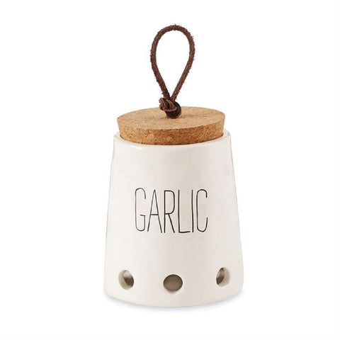 Mud Pie Garlic Keeper in white ceramic with cork top, keeps garlic fresh and accessible on the counter
