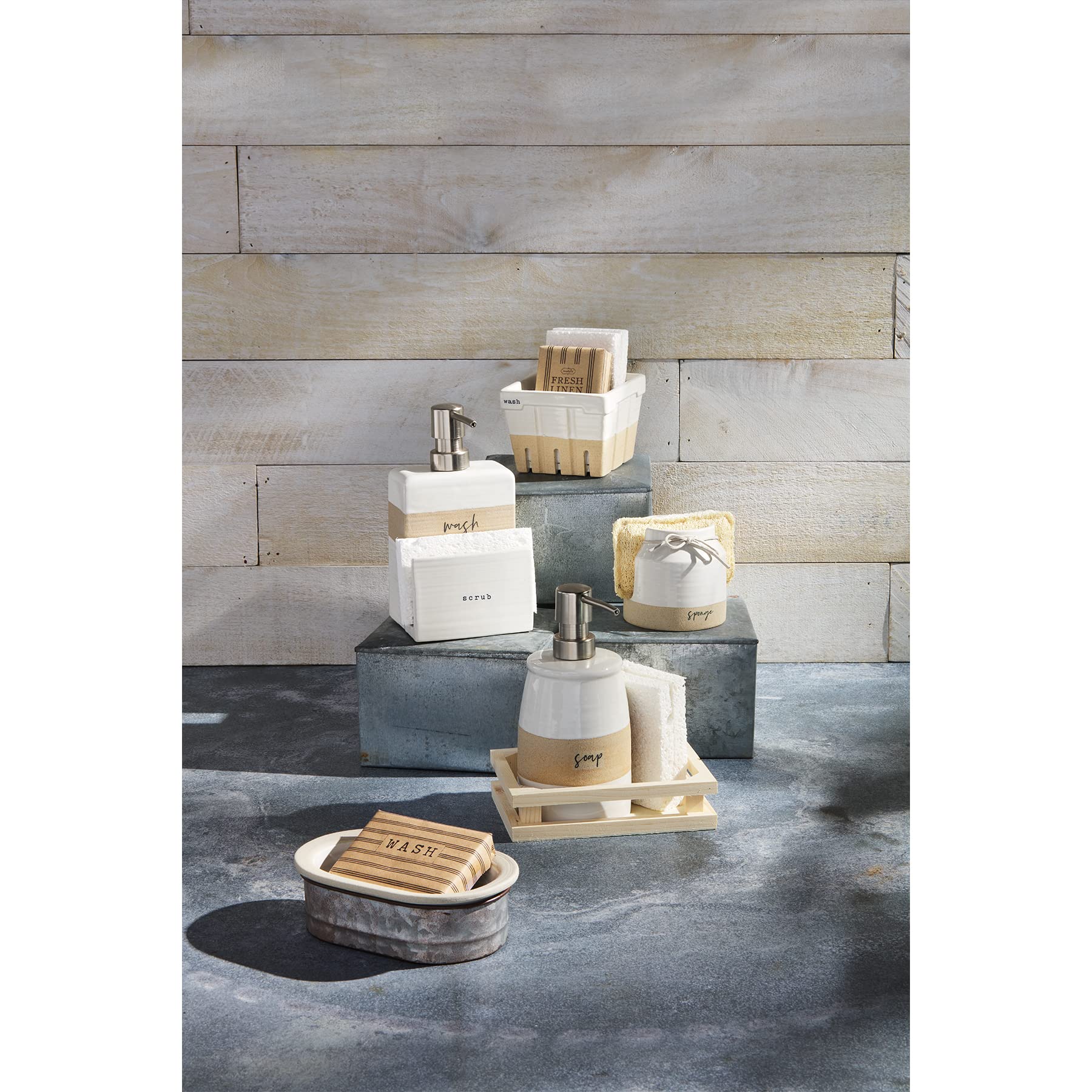 Mud Pie sponge holder shows debossed sentiment on a stoneware base