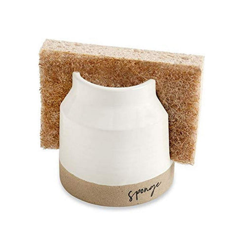 Mud Pie stoneware sponge holder with brown-white glaze for kitchen organization
