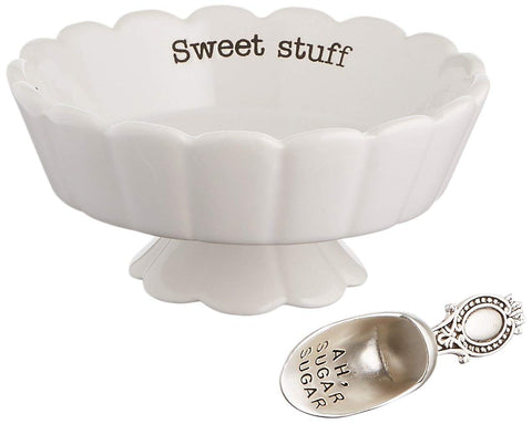 Mud Pie Sweet Stuff candy dish on a pedestal adds elegant charm.
