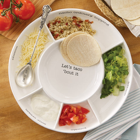Mud Pie taco-bar-labels-resist dish helps organize toppings with clear labeling.