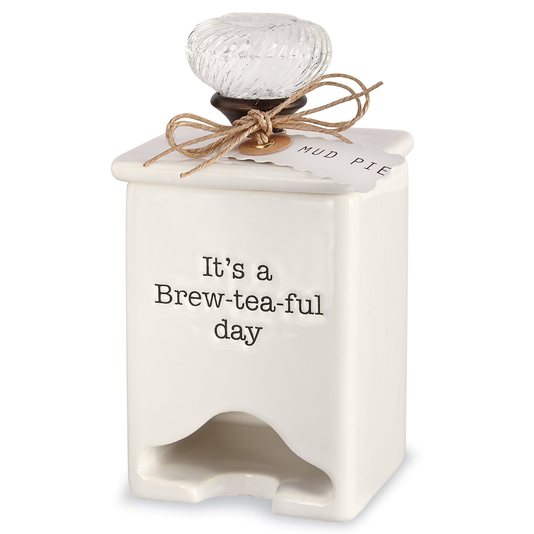 Mud Pie tea bag caddy front view showing clean ceramic design