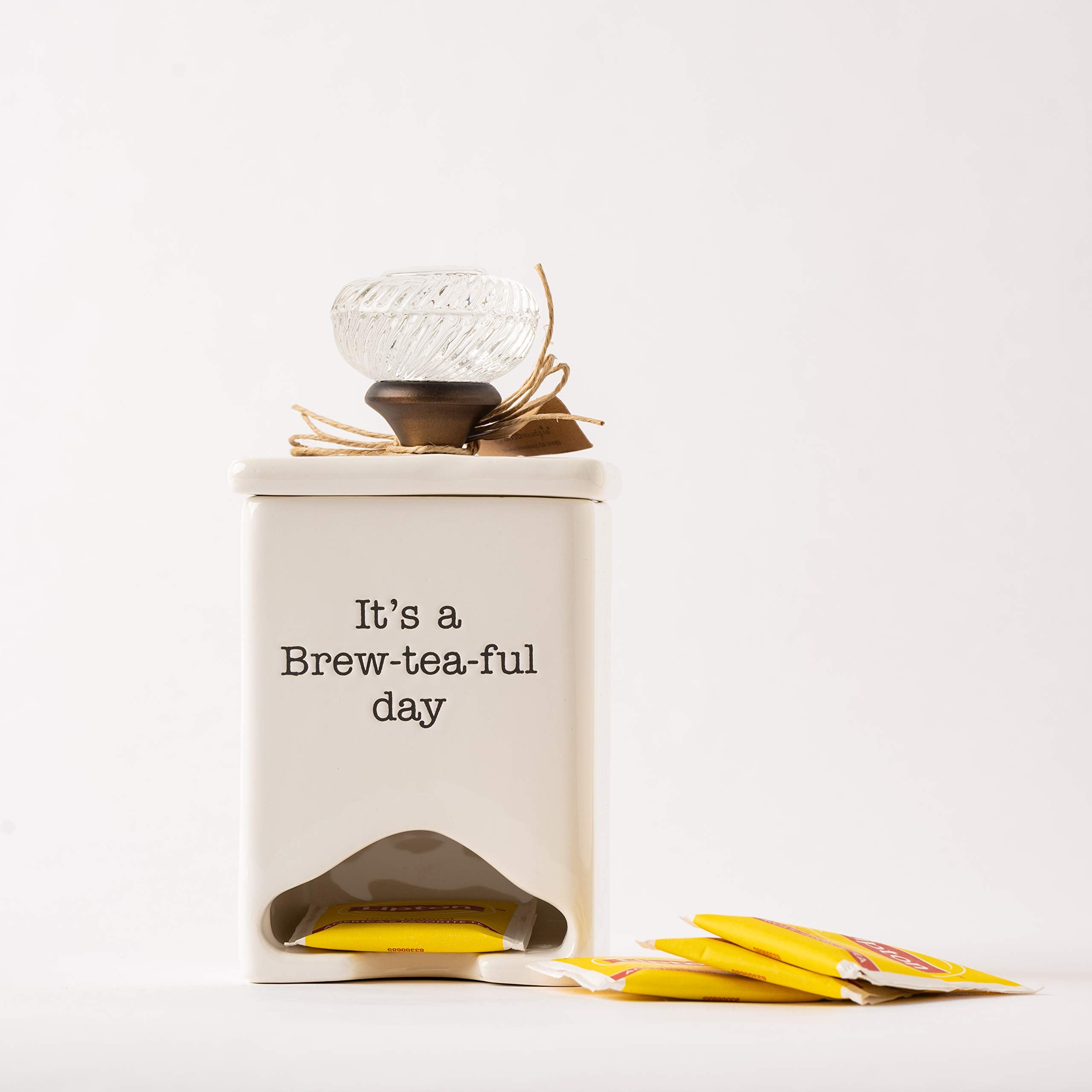 Mud Pie removable lid with glass knob on the tea bag caddy
