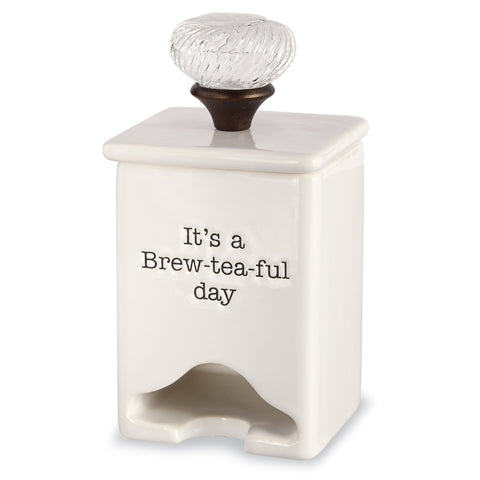 Mud Pie white ceramic tea bag caddy with lid and handle
