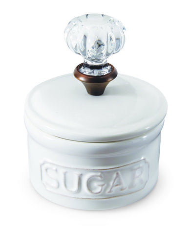 Mud Pie white sugar bowl with door knob lid elevates tabletop presentation