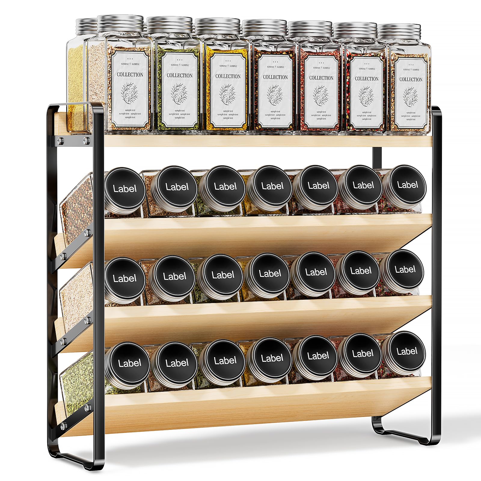 MUDEELA 4-tier spice rack with tilted shelves displays jar labels clearly.