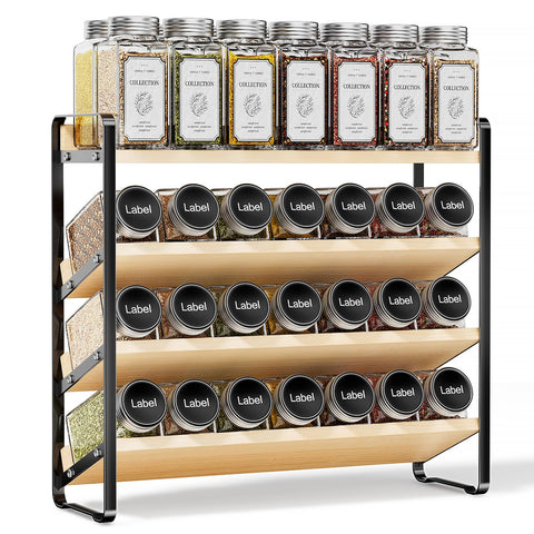 MUDEELA 4-tier spice rack with tilted shelves displays jar labels clearly.
