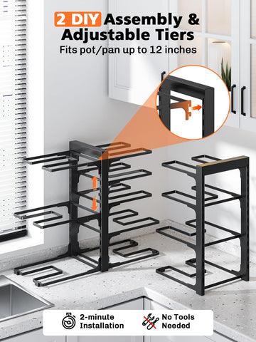 MUDEELA space-saving rack frees countertops with easy access to lids and pans.